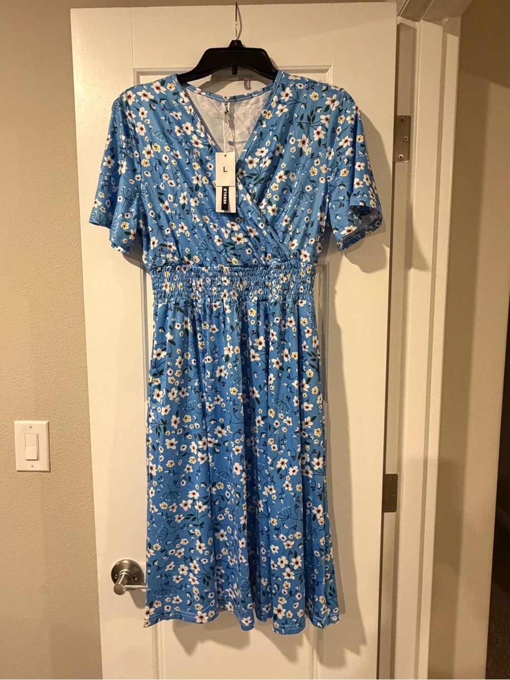 Blue Floral Smocked Waist Midi Dress